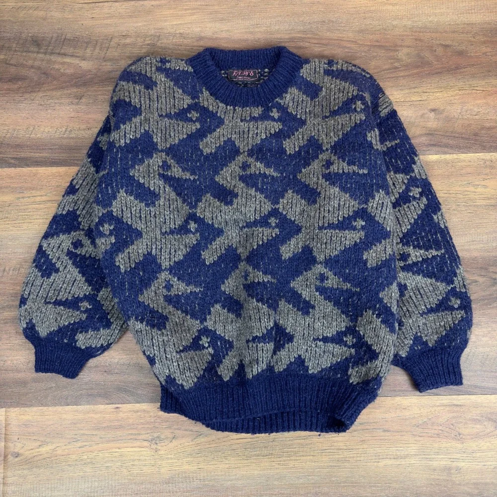 Vintage Fabu's Sweaters Navy Grey Abstract Geometric Hand‎ Made Ecuador 90s XL